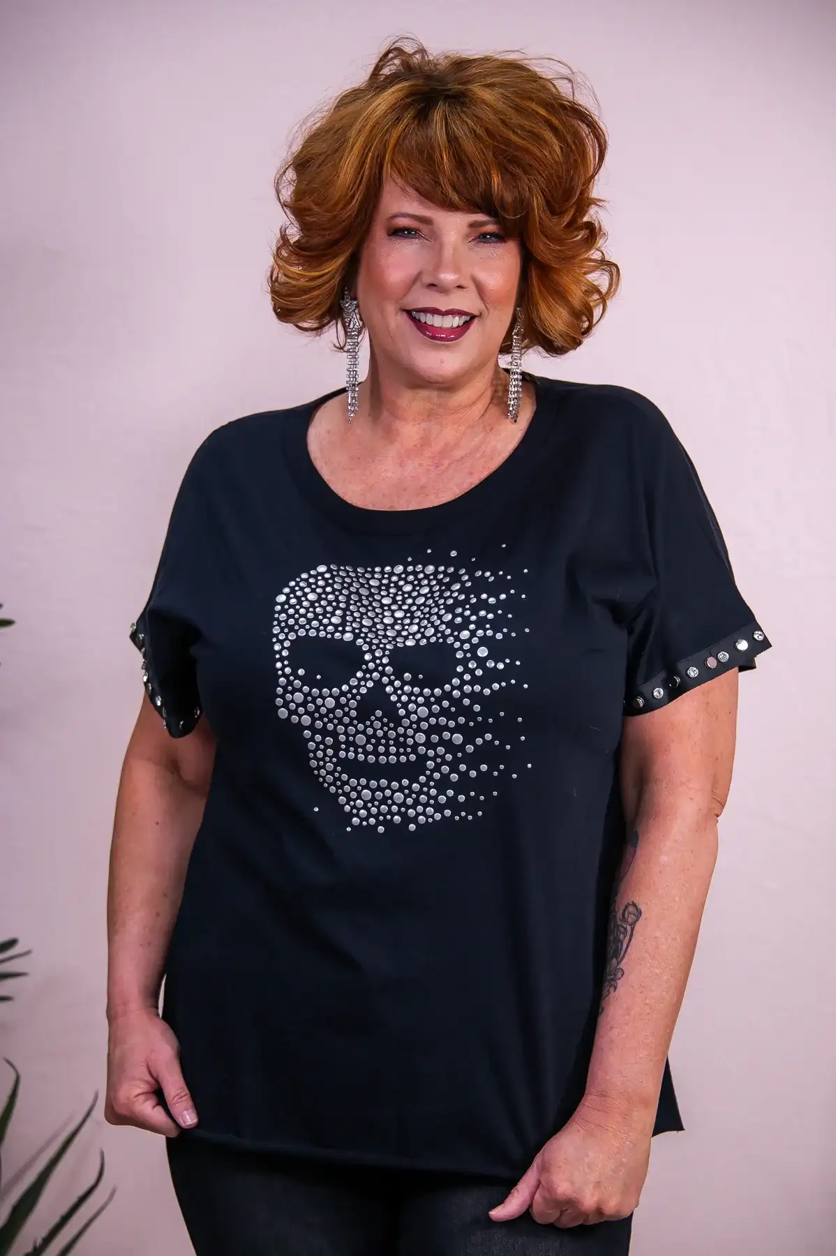 Image of Not Easily Impressed Black/Silver Skull Printed Bling Top - T9324BK