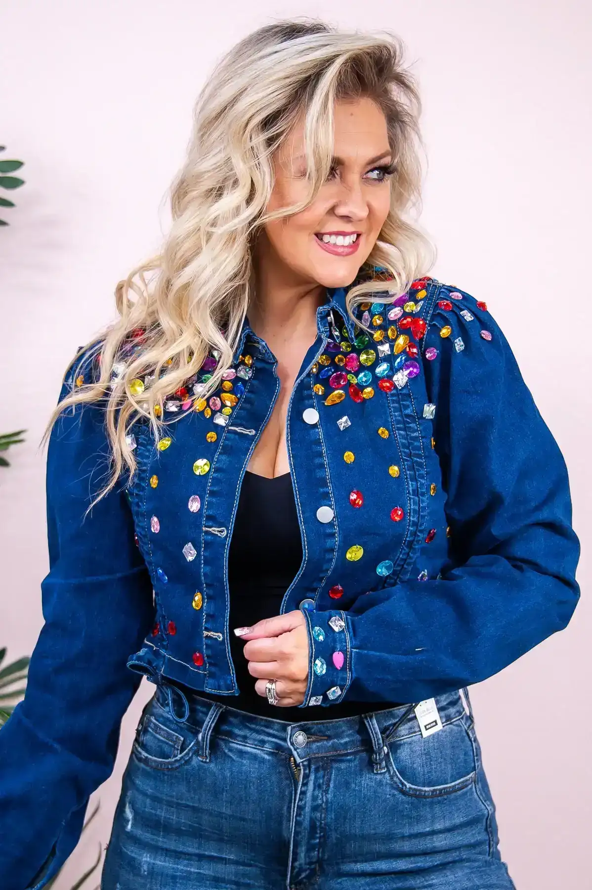 Image of Shine On Girl Dark Denim/Multi Color Bling Cropped Denim Jacket - O5334DDN