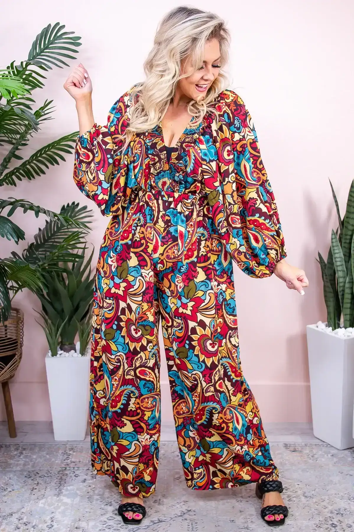 Image of While In Sicily Burgundy/Multi Color Printed Romper - RMP756BU