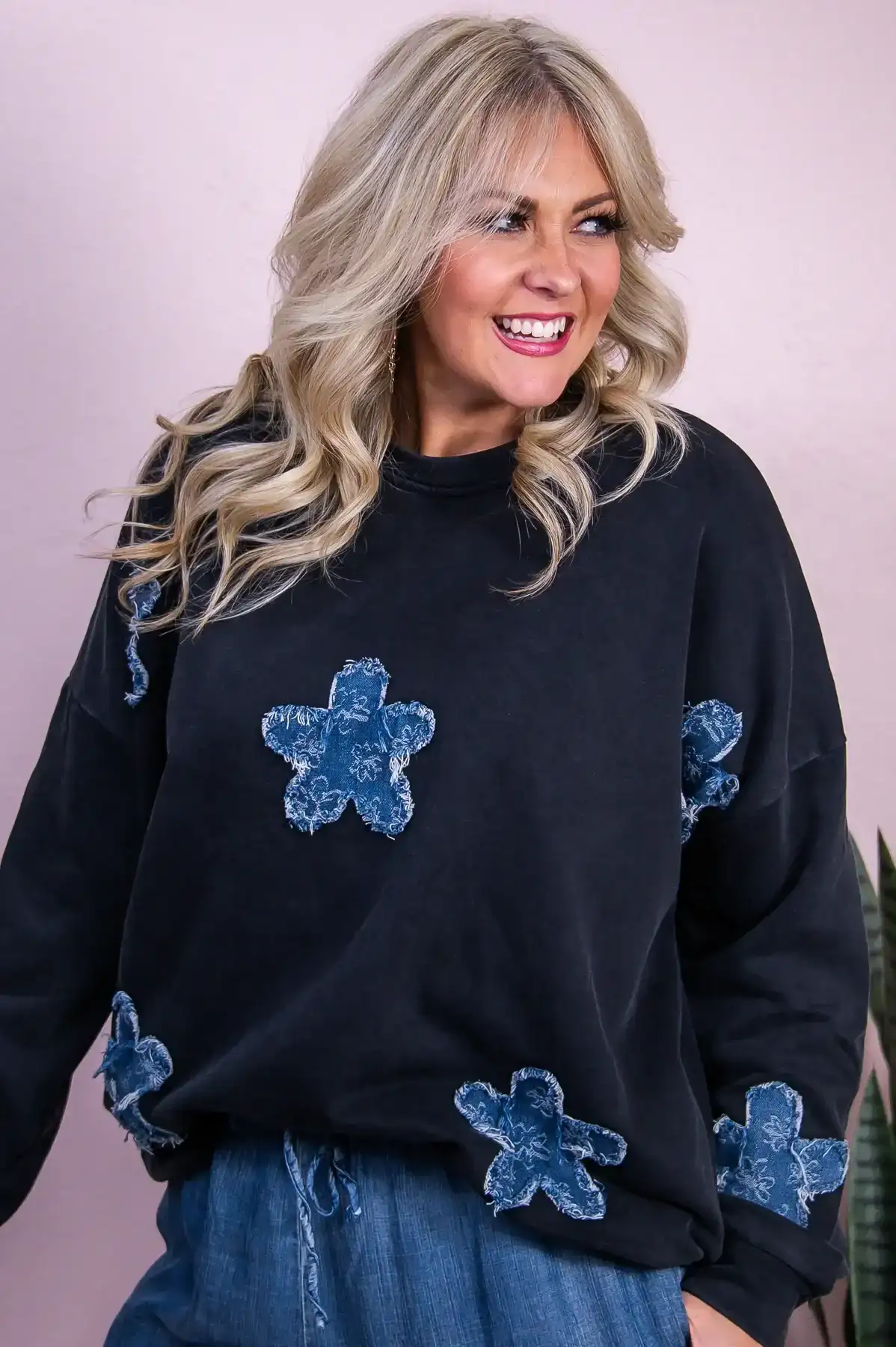 Image of Fabulous Destiny Black/Denim Floral Patch Sweatshirt - T9896BK