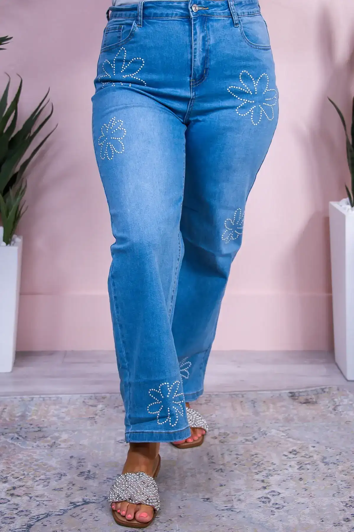 Image of Susie Medium Denim Studded Floral Jeans - K1170MDN