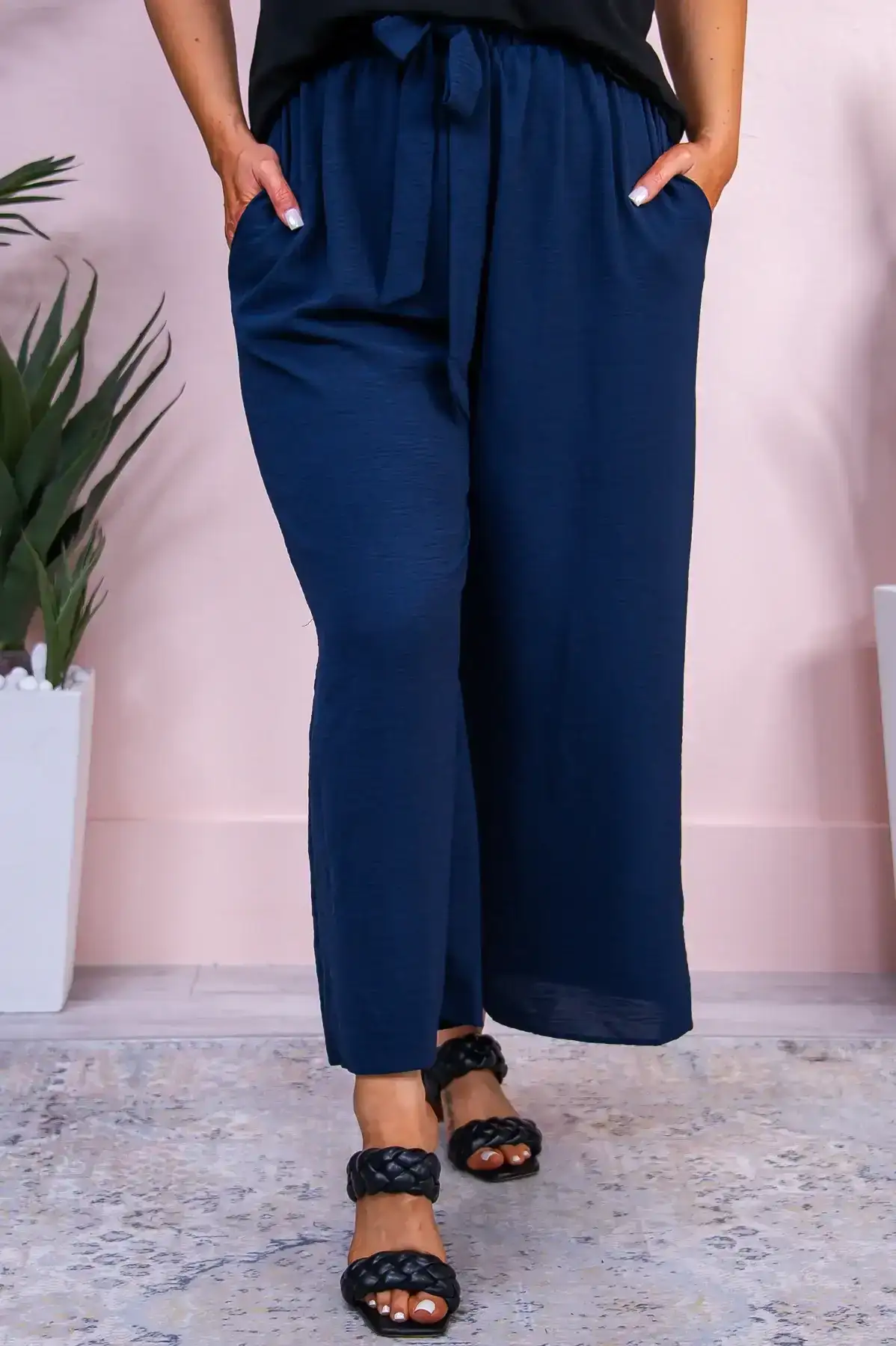 Image of Summers In Italy Navy Solid Front Tie Palazzo Pants - PNT1633NV