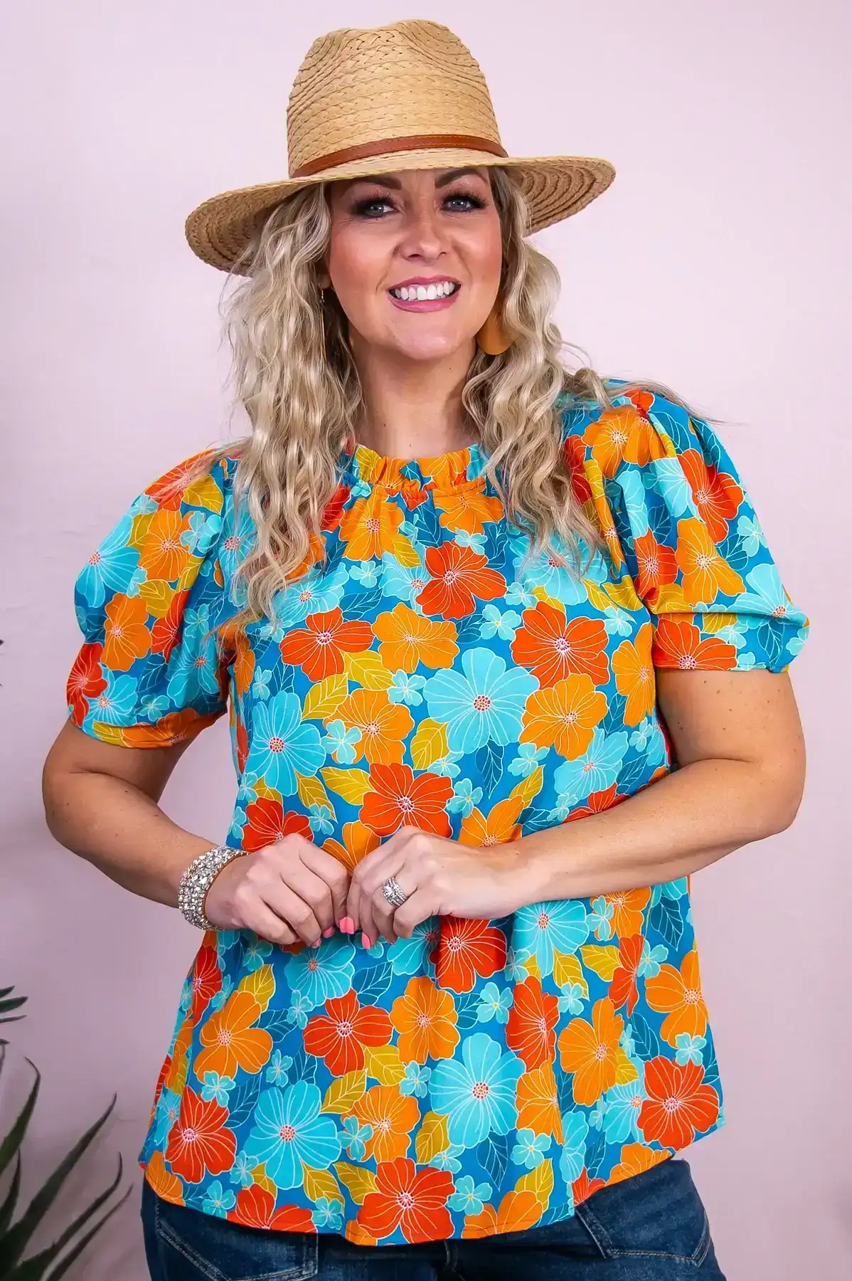 Image of South Beach Babe Blue/Orange/Aqua Floral Top - T9932BL