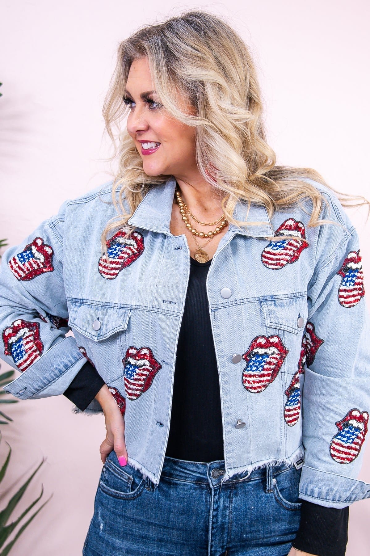 Image of All American Diva Light Denim/Multi Color Sequin Mouth/Tongue Cropped Jacket - O5356LDN