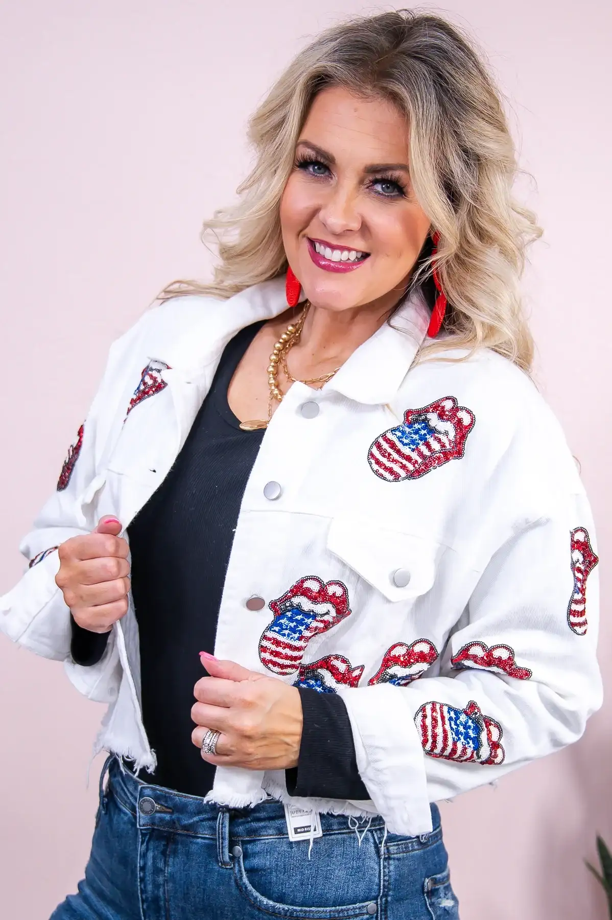 Image of All American Diva White/Multi Color Sequin Mouth/Tongue Cropped Jacket - O5357WH