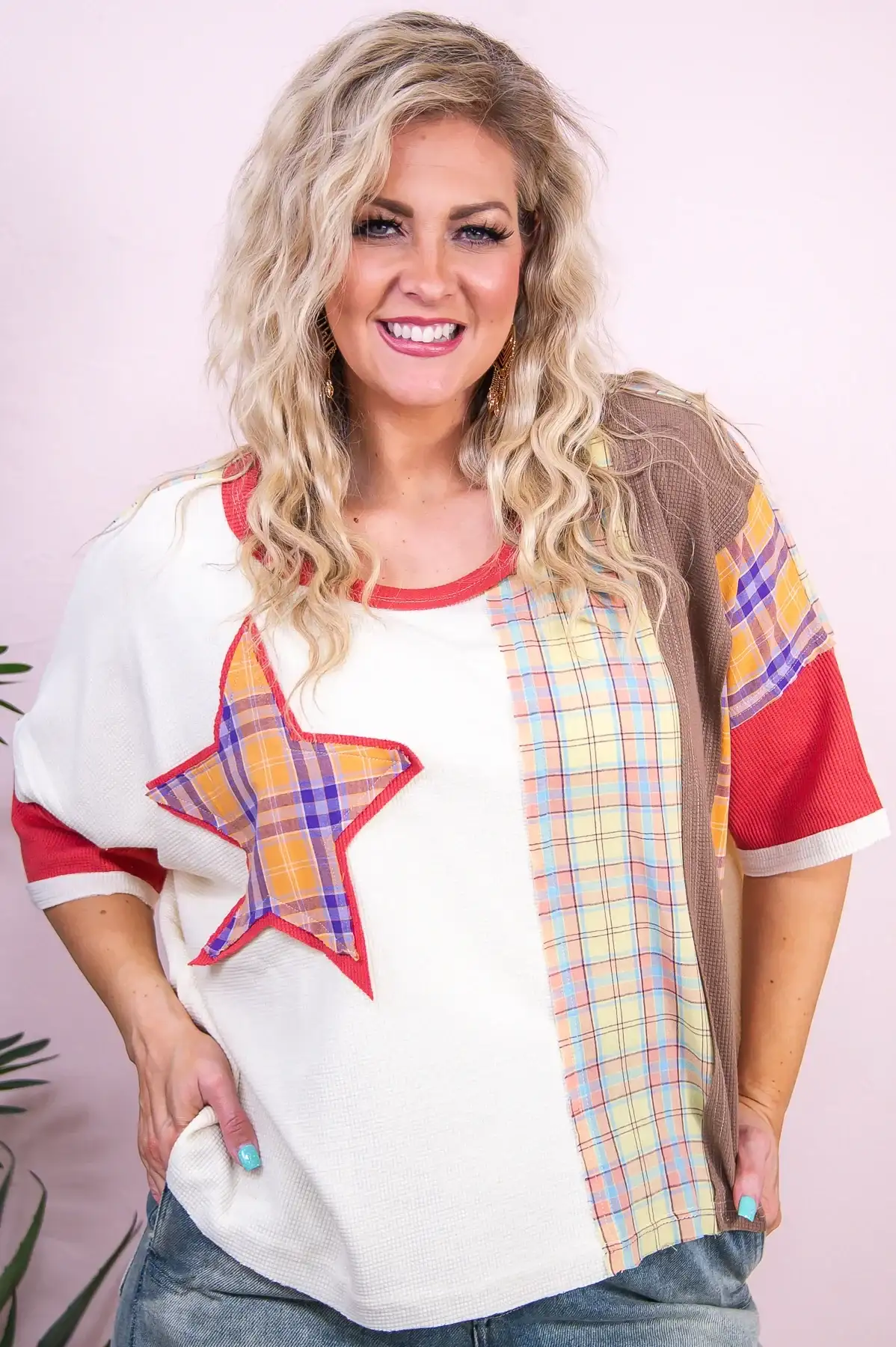 Image of Set The Expectation Berry/Multi Color Plaid/Star Patchwork Top - T9564BE