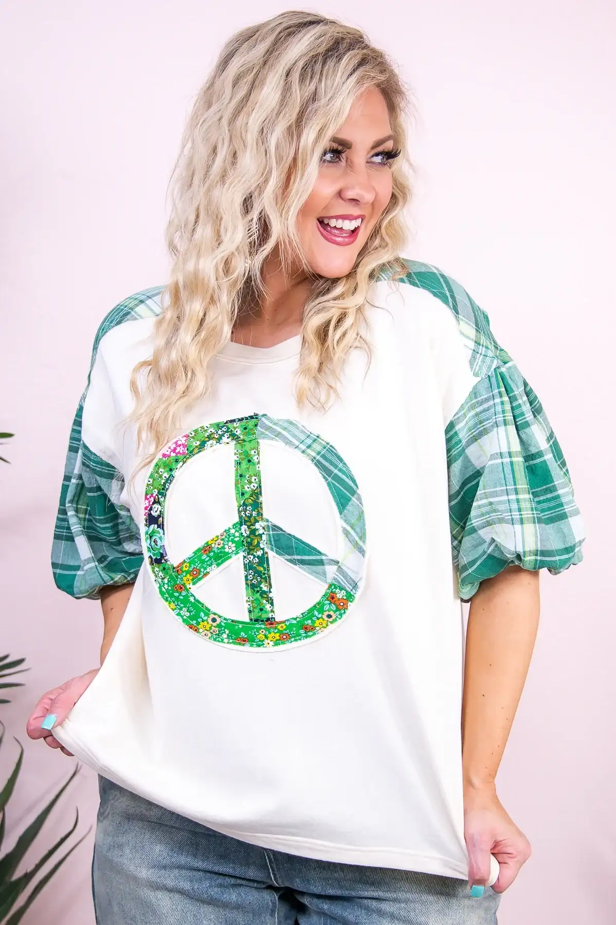 Image of It's Cool To Be Kind Green/Multi Color Floral Peace Sign/Plaid Top - T9563GN