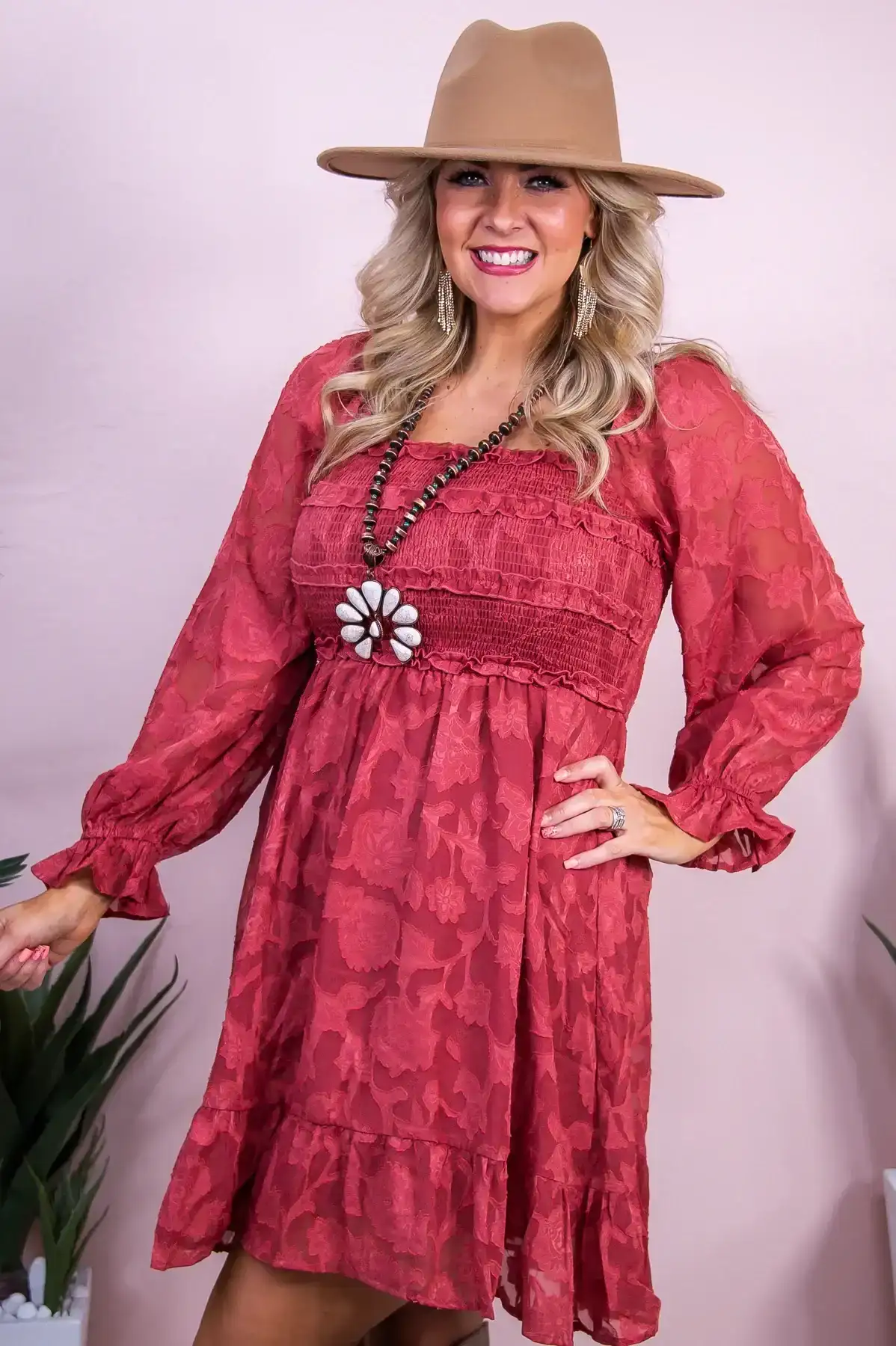 Image of Simply Summer Marsala Solid Floral Sheer Dress - D5452MS