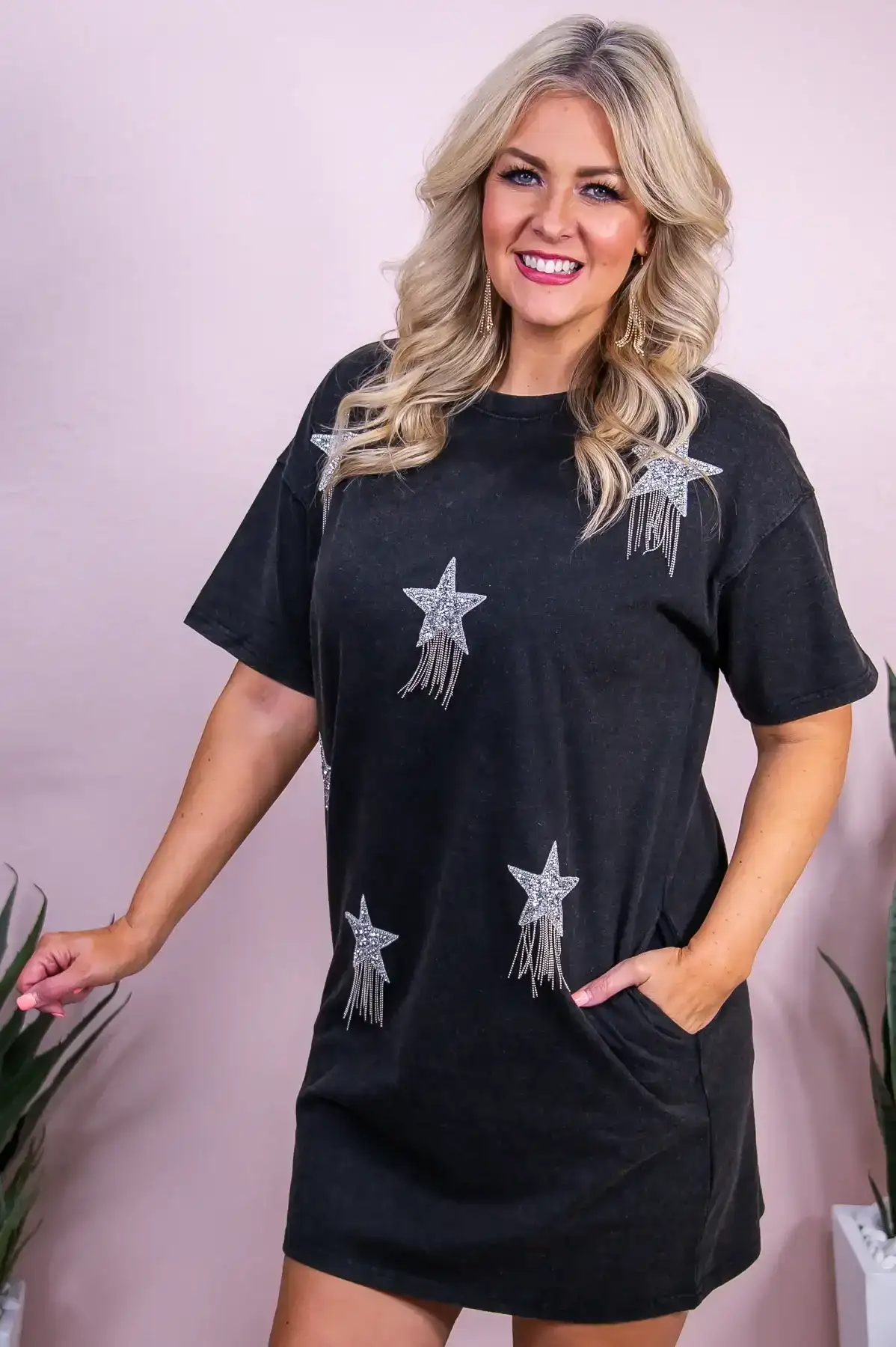 Image of Under The Western Sky Black/Silver Bling/Studded Star T-Shirt Dress - D5453BK