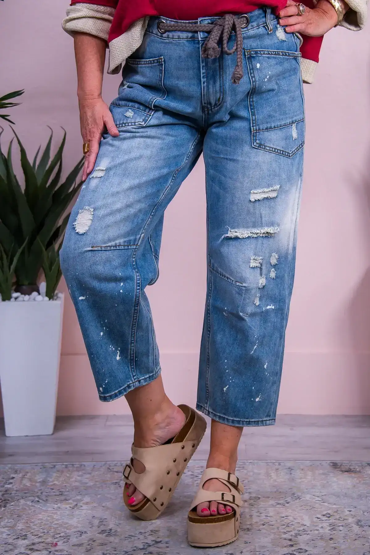 Image of Ripley Medium Denim Distressed Bleach Splatter Barrel Jeans - K1181DN