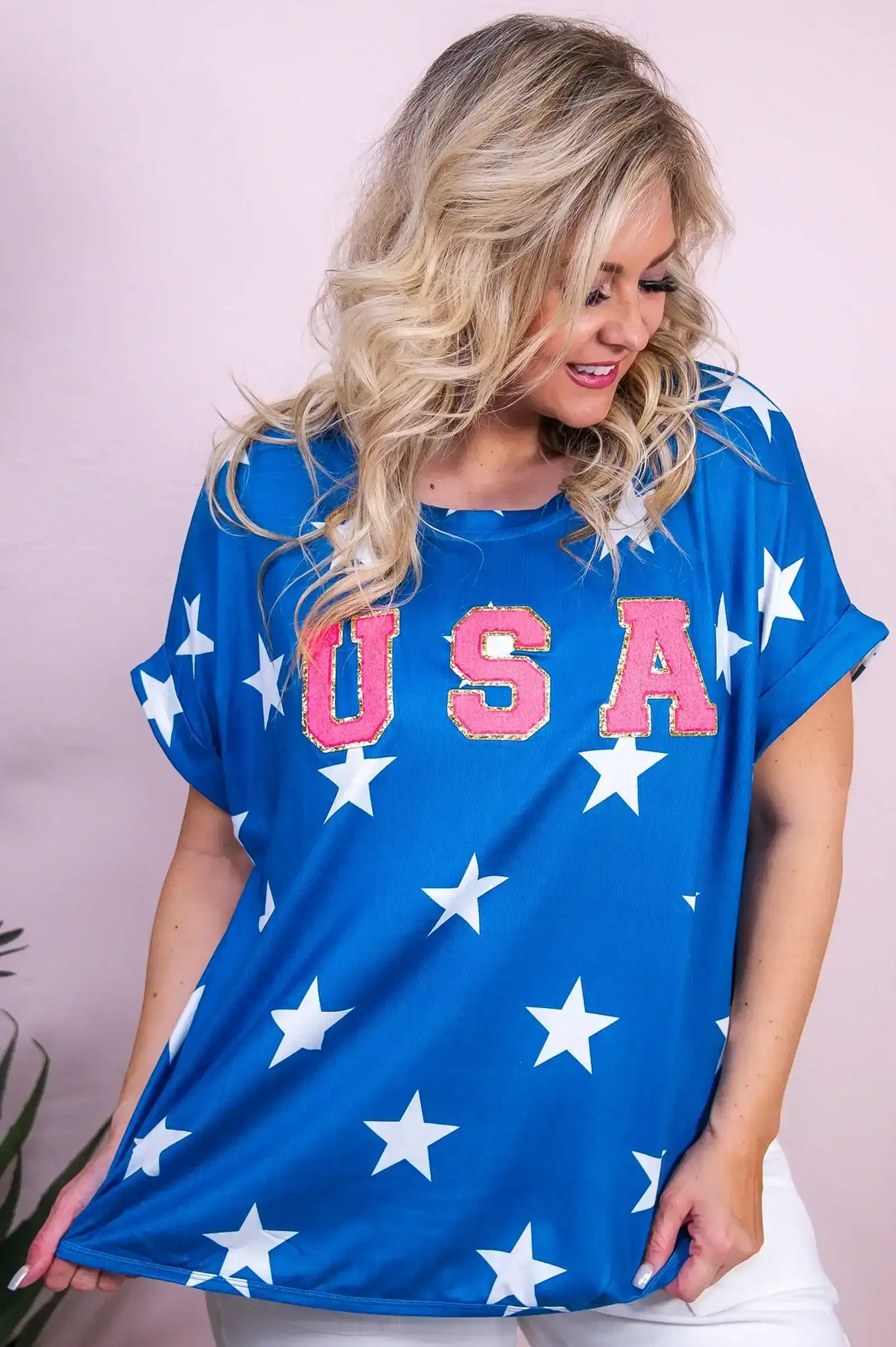 Image of Where Dreams Grow Wild Blue/Multi Color USA Star Top - T9752BL