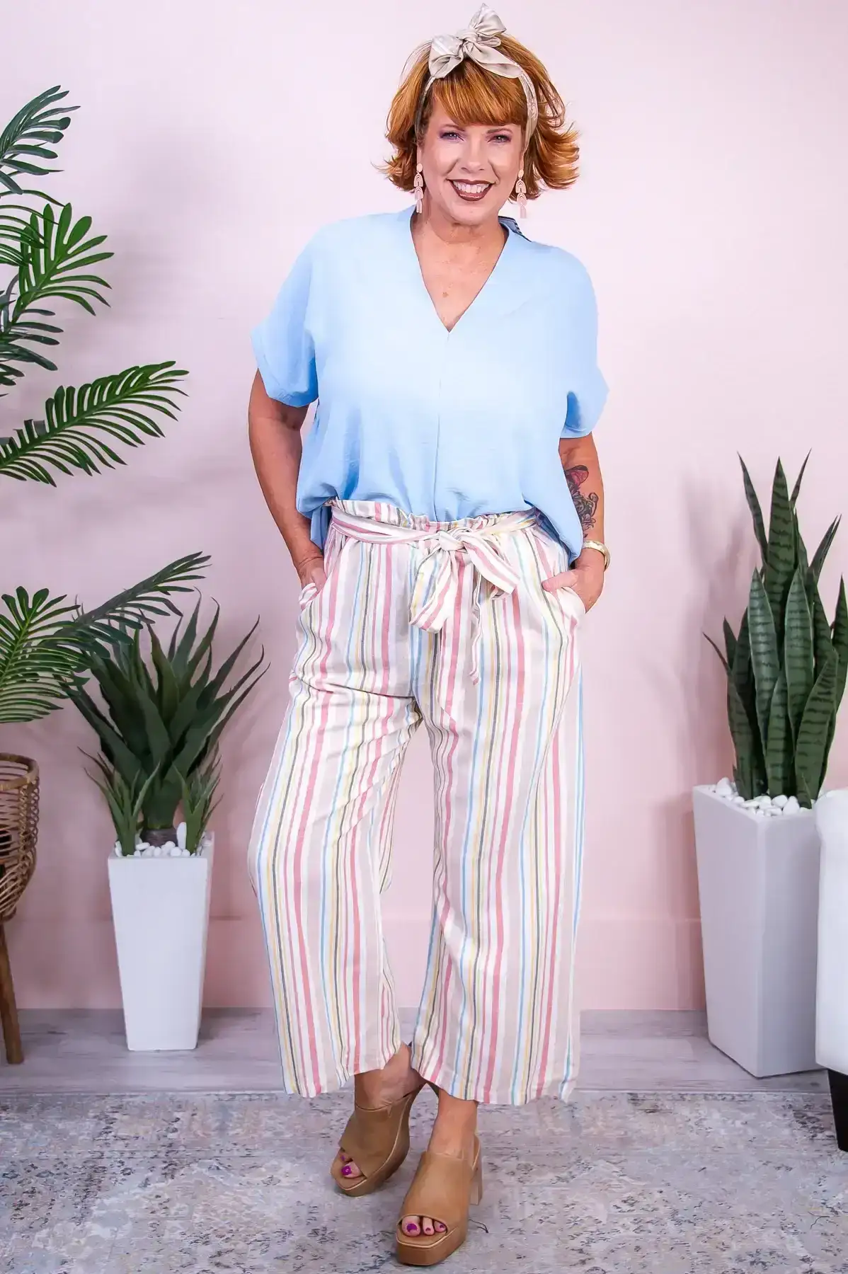 Image of Feeling Spoiled Dusty Coral/Multi Color Striped Pants - PNT1641DCO