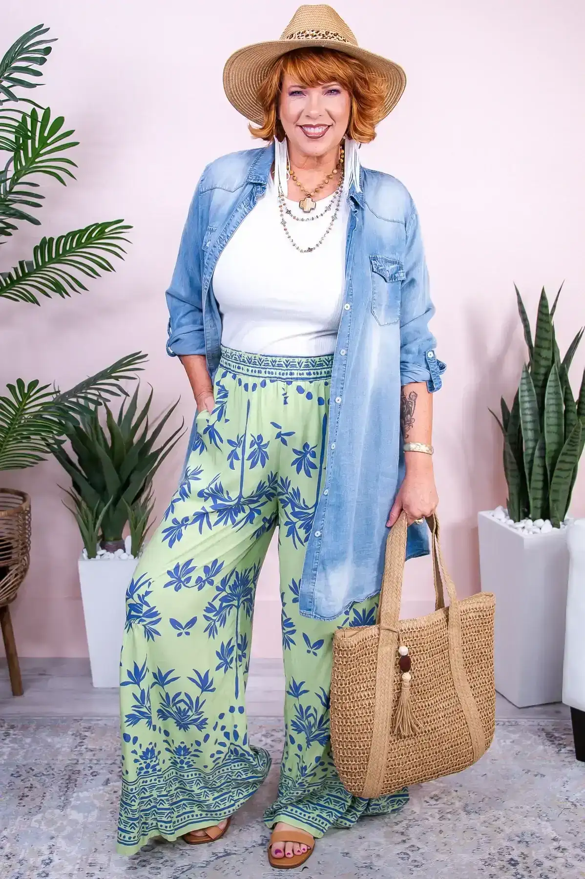 Image of My Sweet Side Lime/Blue Floral Palazzo Pants - PNT1640LM