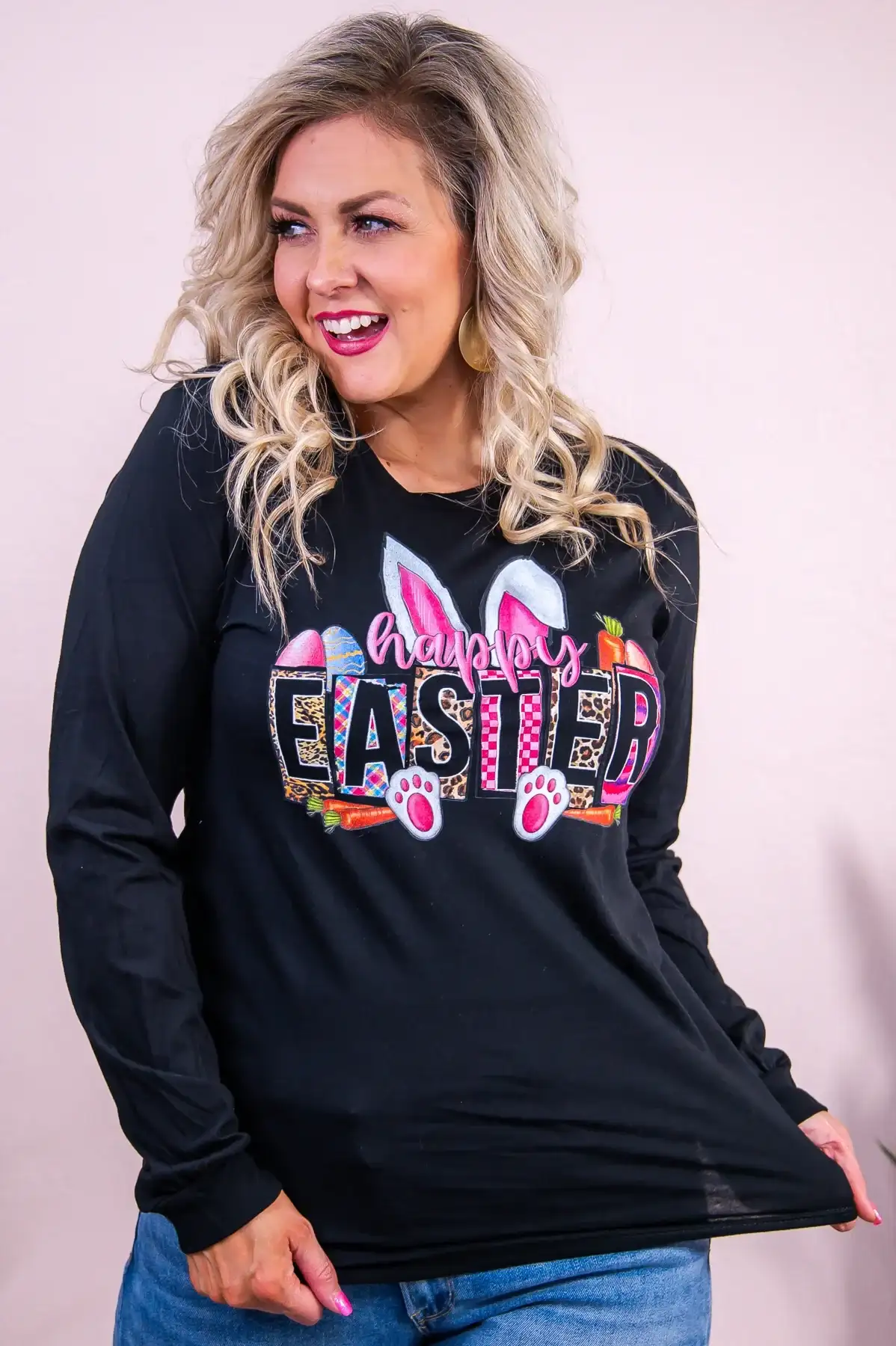 Image of Happy Easter Black Bunny Ears/Feet Long Sleeve Graphic Tee - A3240BK