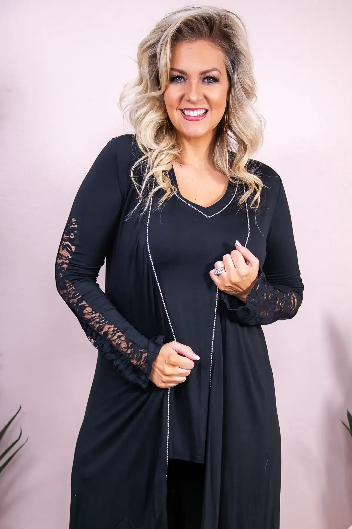 Image of Expression Of Style Black Solid Bling Trim Cardigan - O5326BK