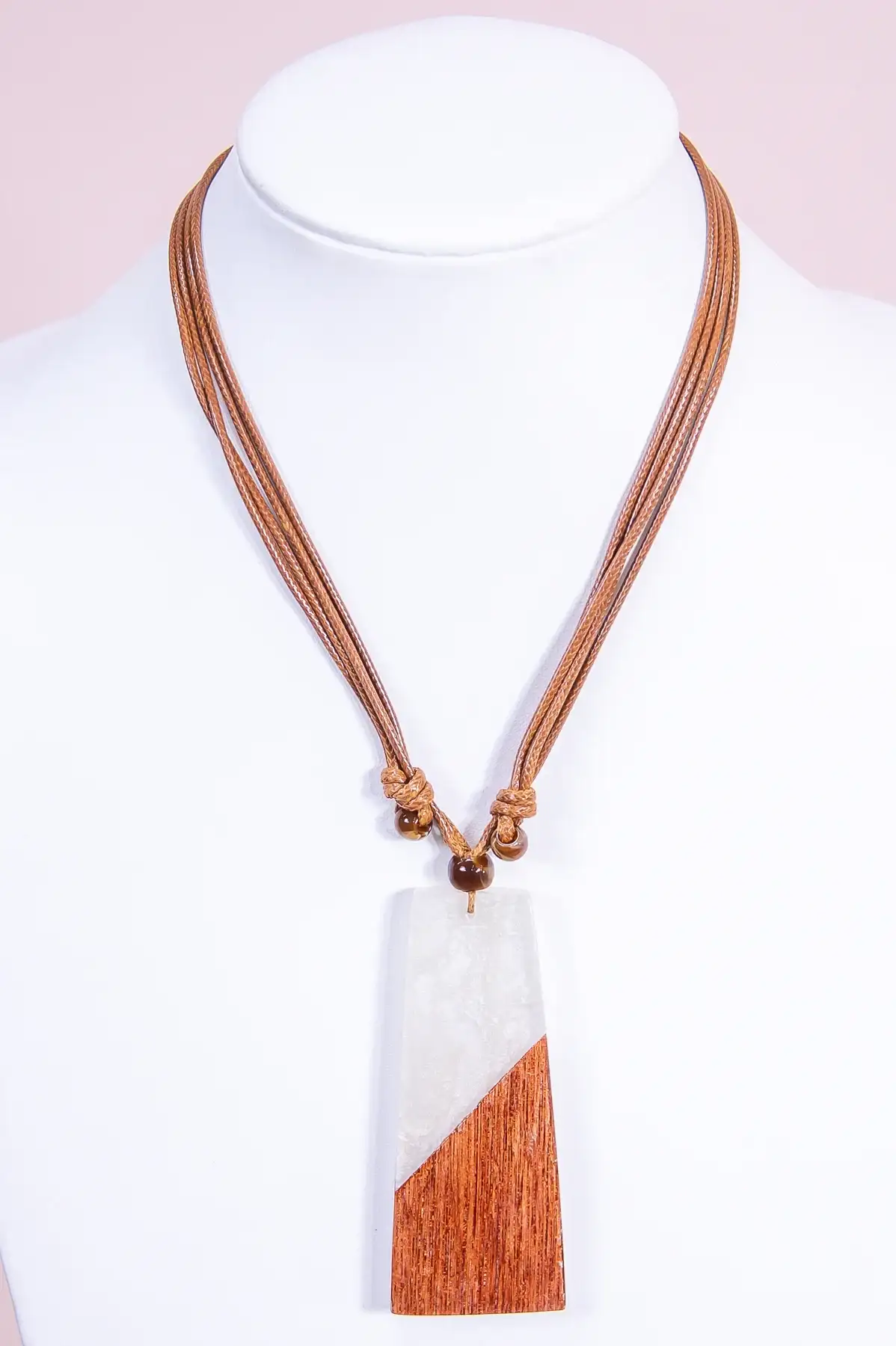 Image of White/Brown Rectangle Wood/Resin Pendant Necklace - NEK4314WH