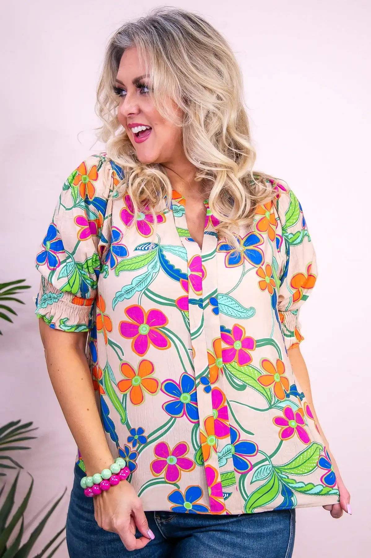 Image of Listening To The Flowers Talk Natural/Multi Color Floral V Neck Top - T9237NA