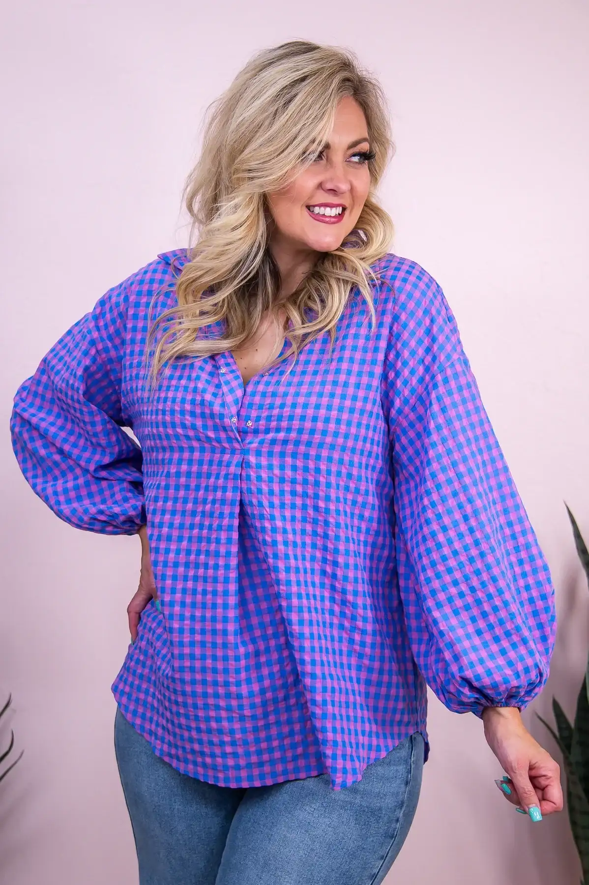 Image of Island Romance Blue/Pink Checkered Top - T9636BL