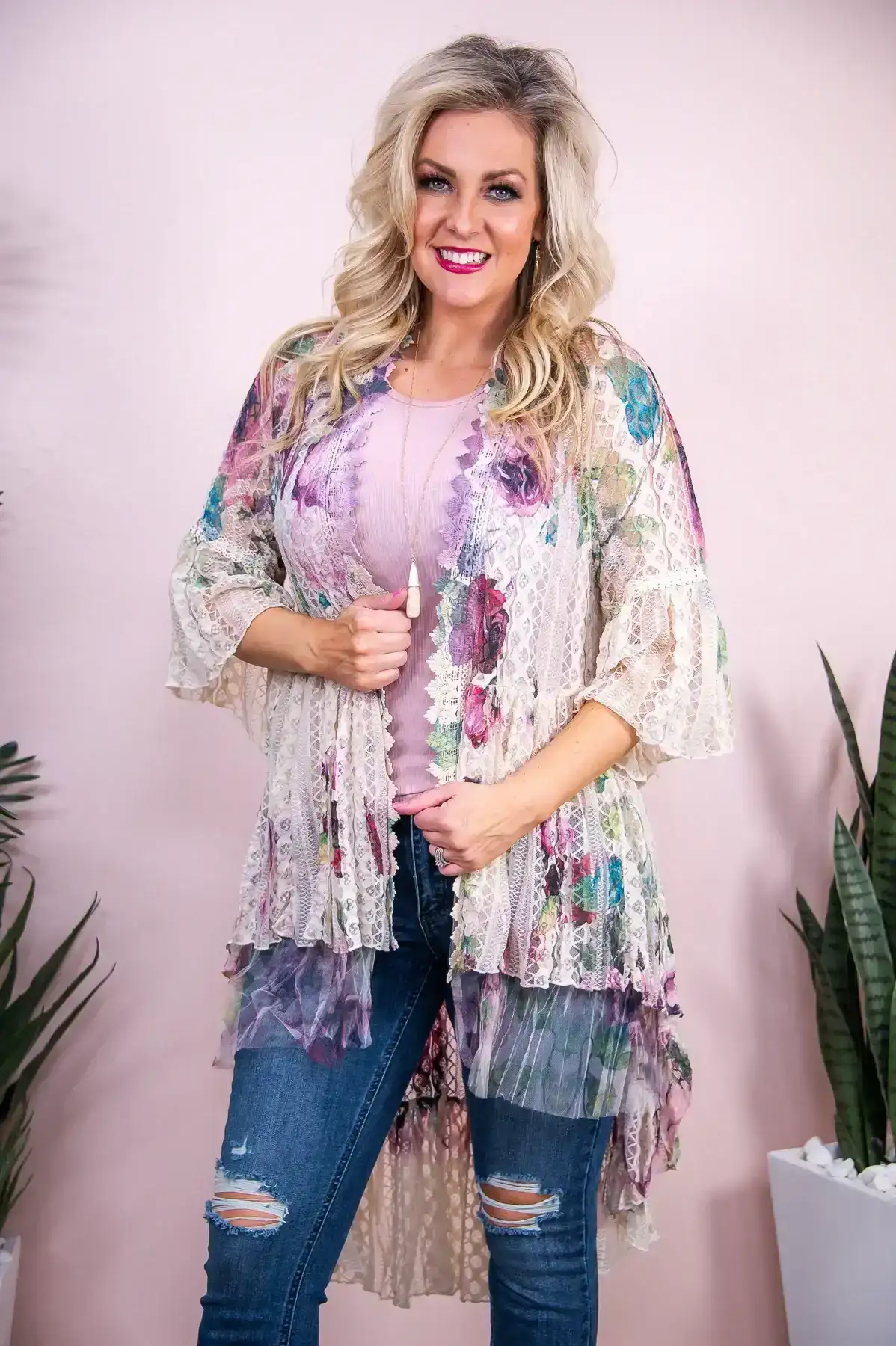 Image of Pretty Perfect Beige/Mauve Floral Lace Kimono - O5332BG