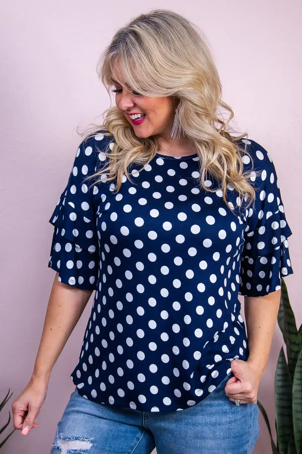 Image of Breezy Chic Navy/White Polka Dot Top - T10056NV