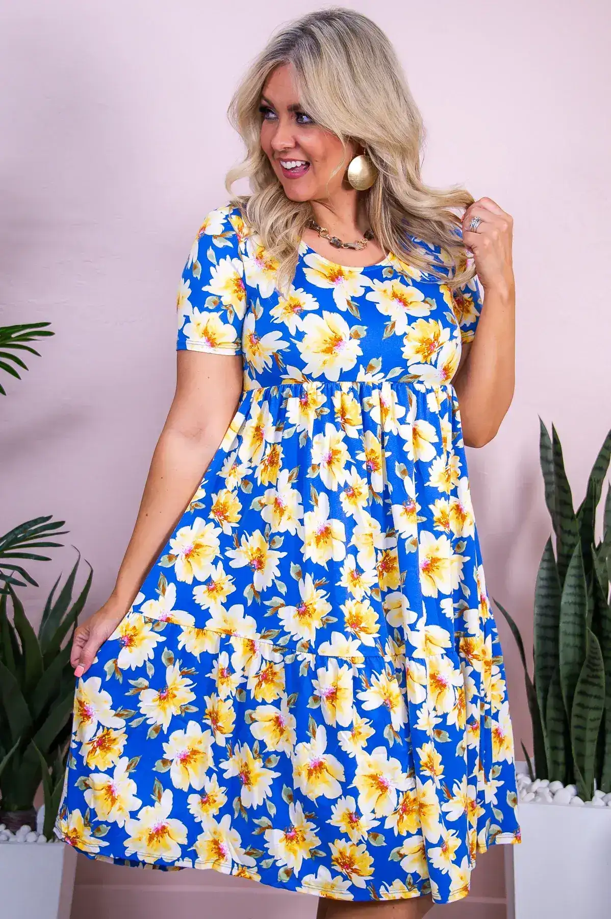 Image of London Landscapes Blue/Yellow Floral Dress - D5469BL