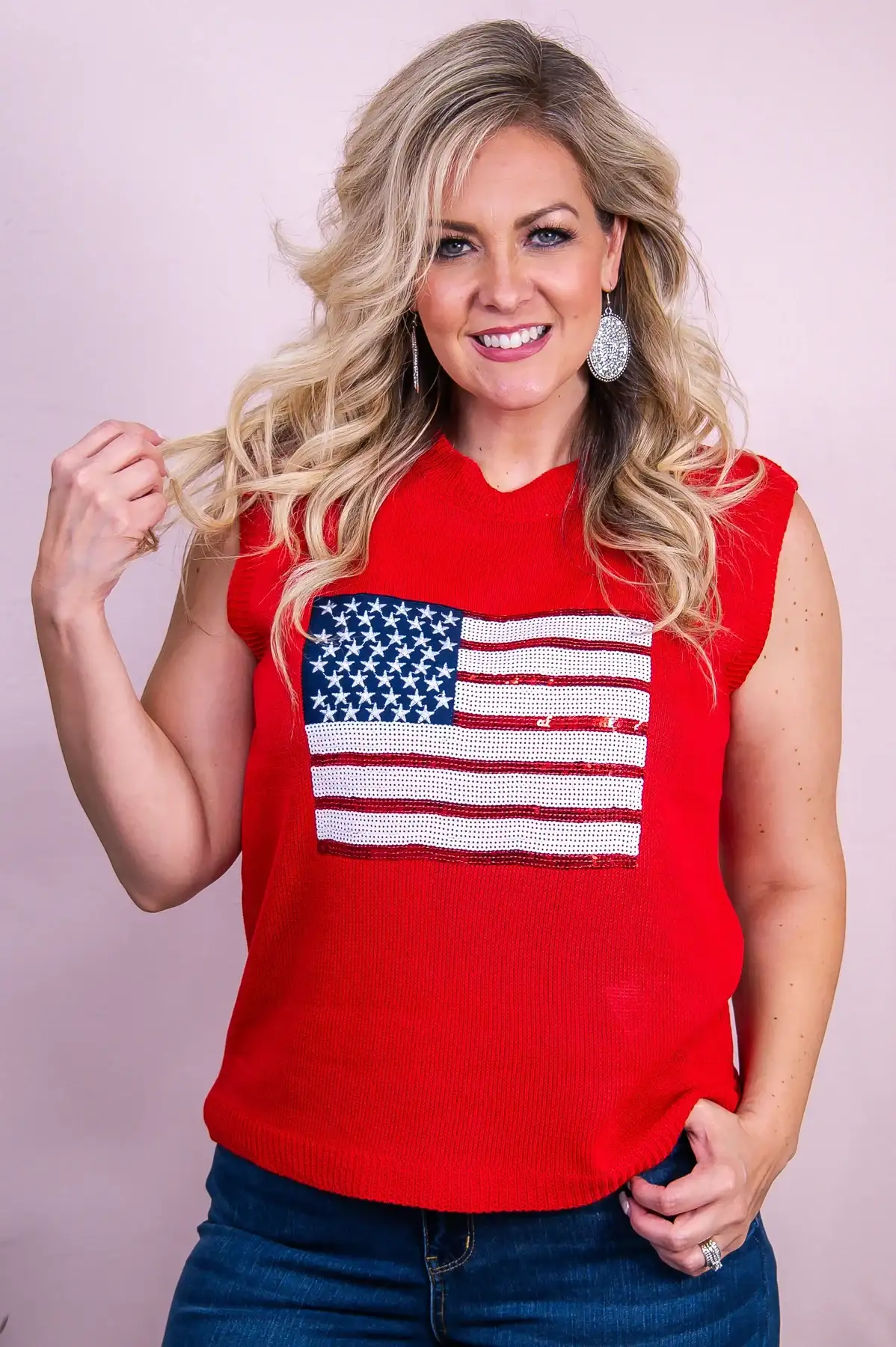 Image of Yankee Doodle Dandy Red/Multi Color Sequin/Patch American Flag Knitted Top - T9818RD