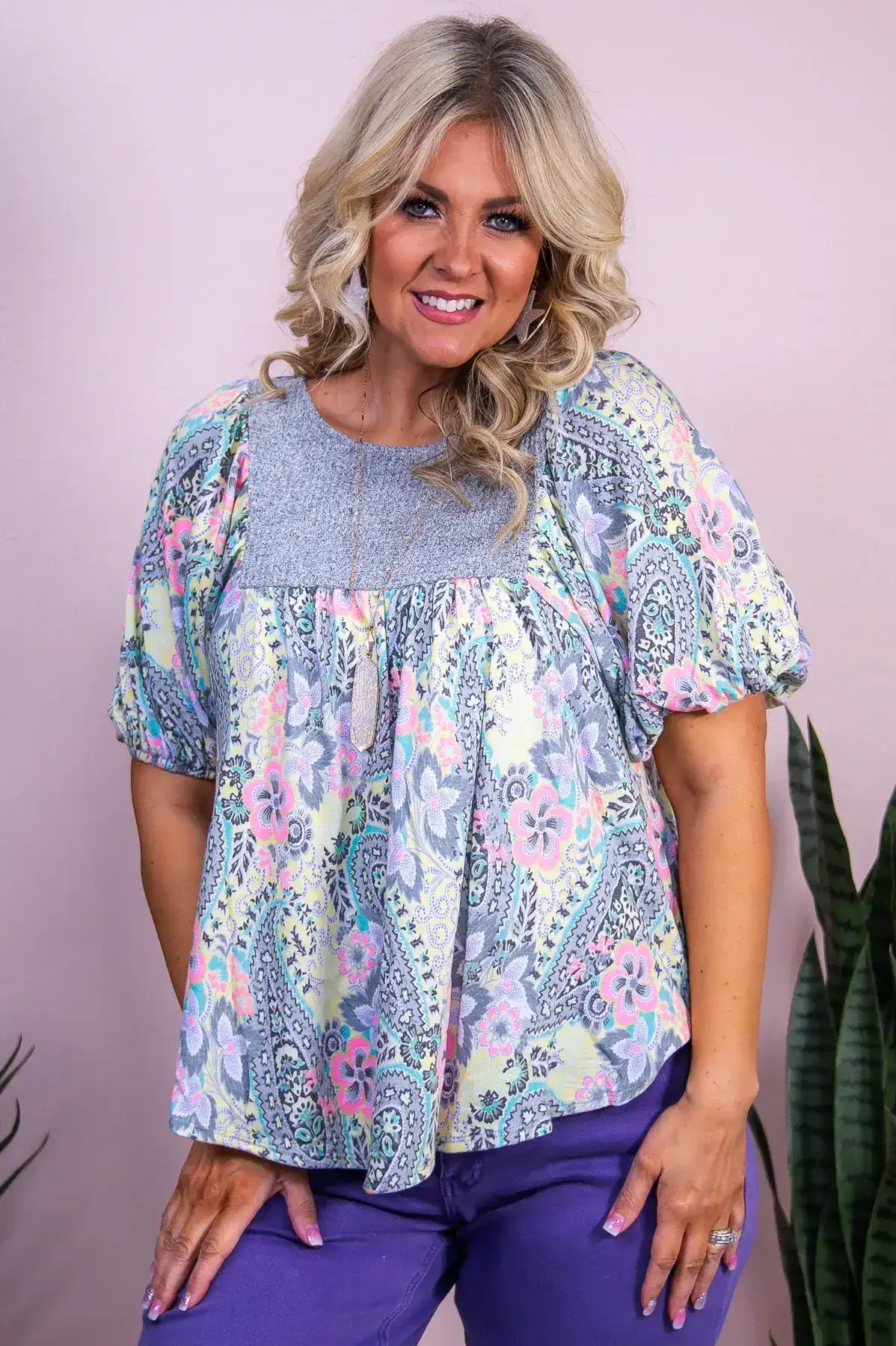 Image of Retro Blooms Gray/Multi Color Floral/Paisley Top - T10095GR