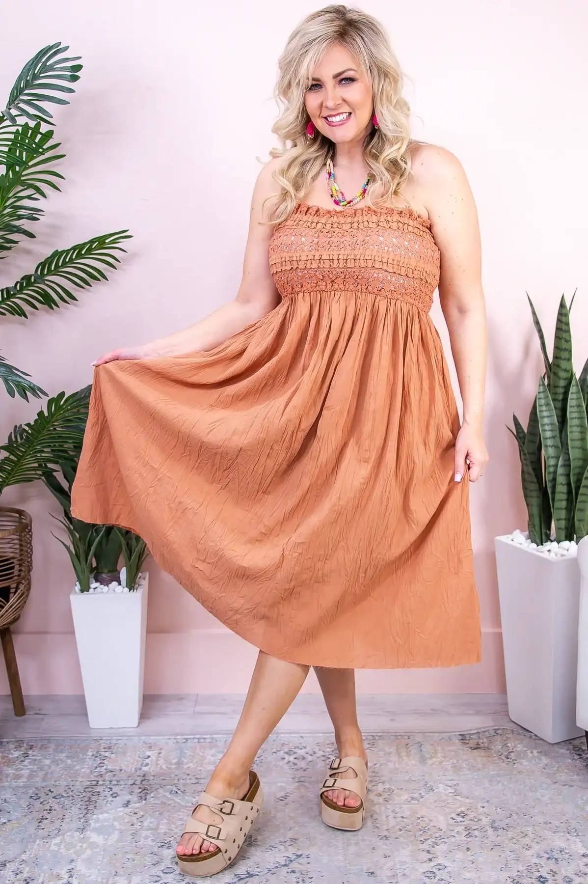 Image of Summer Sunrise Dusty Rust Solid Crochet Dress - D5258DRU