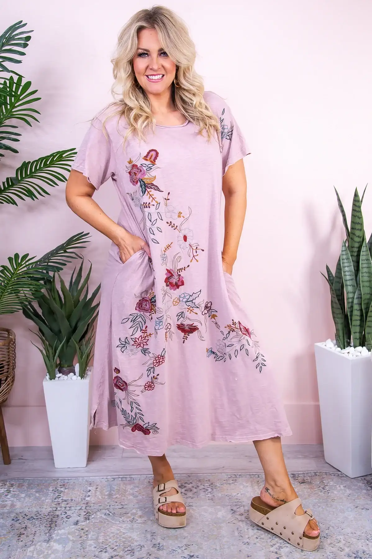 Image of Simple For Summer Mauve/Multi Color Floral Embroidered Dress - D5285MV