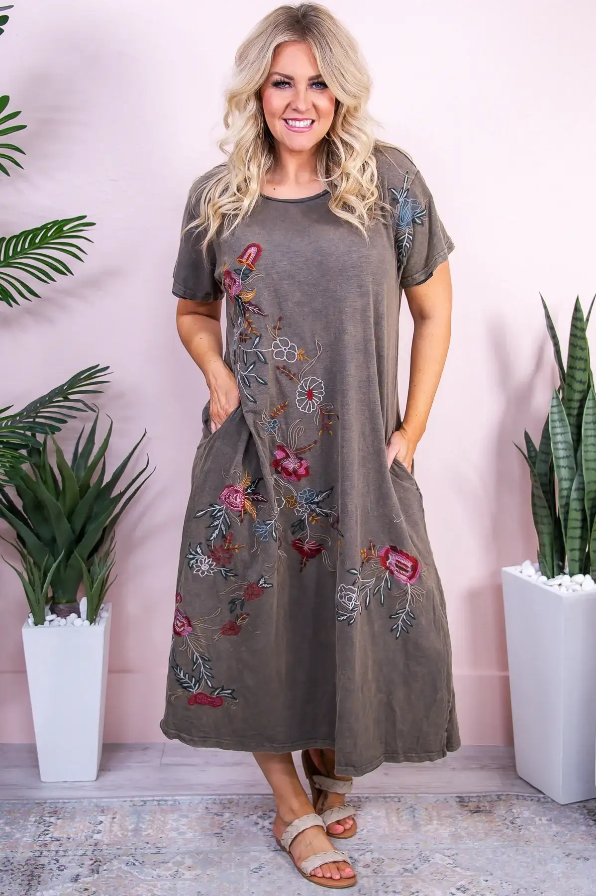 Image of Simple For Summer Charcoal/Multi Color Floral Embroidered Dress - D5284CH