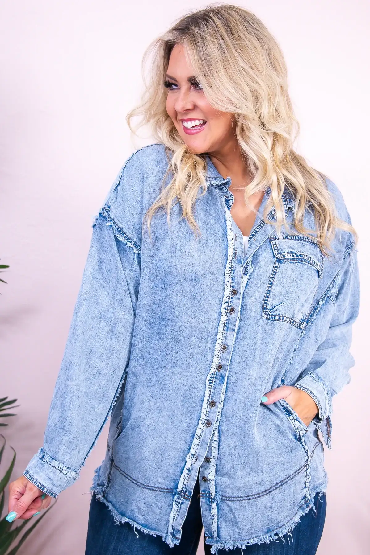 Image of She's One Of A Kind Light Denim Solid Frayed Top - T9502LDN