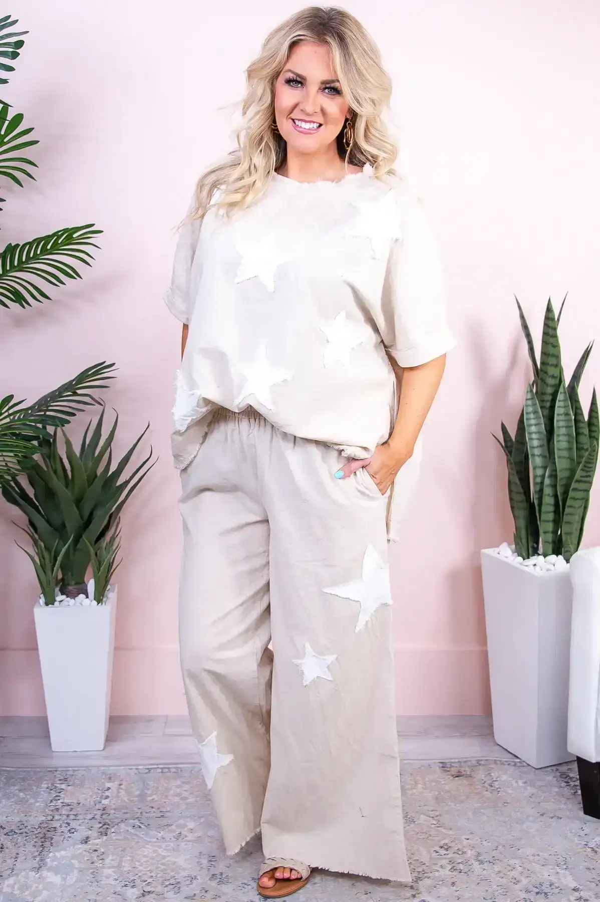 Image of Take Me To The Stars Natural/Cream Star Patch Top/Pant (2-Piece Set) - T9498NA