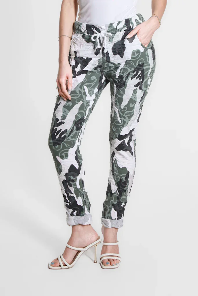 Image of Collins Abstract Camo Stretch Tie Waist Pant