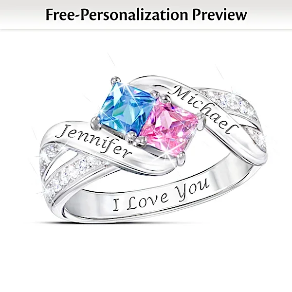 Romantic Ring with 2 Engraved Names and Crystal Birthstones