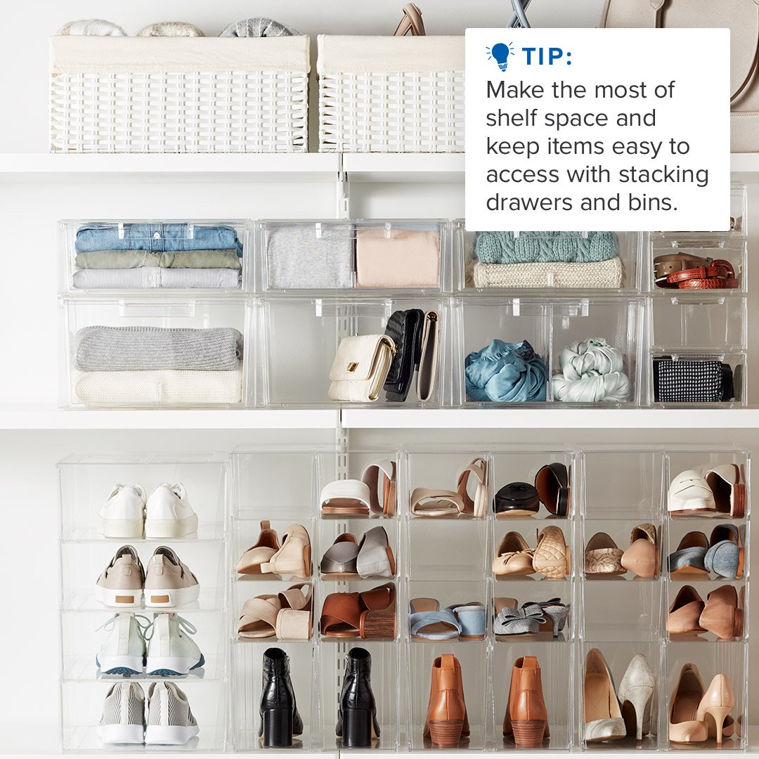 Tip: Make the most of shelf space and keep items easy to access with stacking drawers and bins.