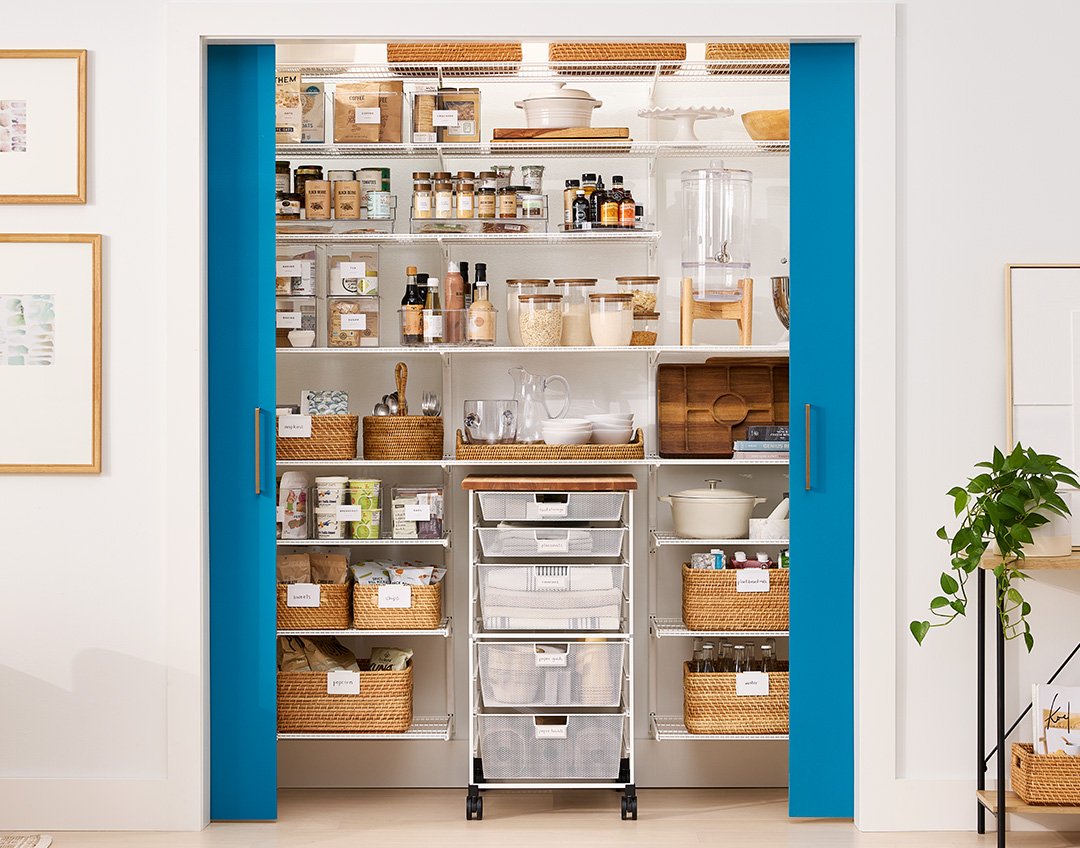 Elfa Classic Pantry and Elfa Mesh Kitchen Cart