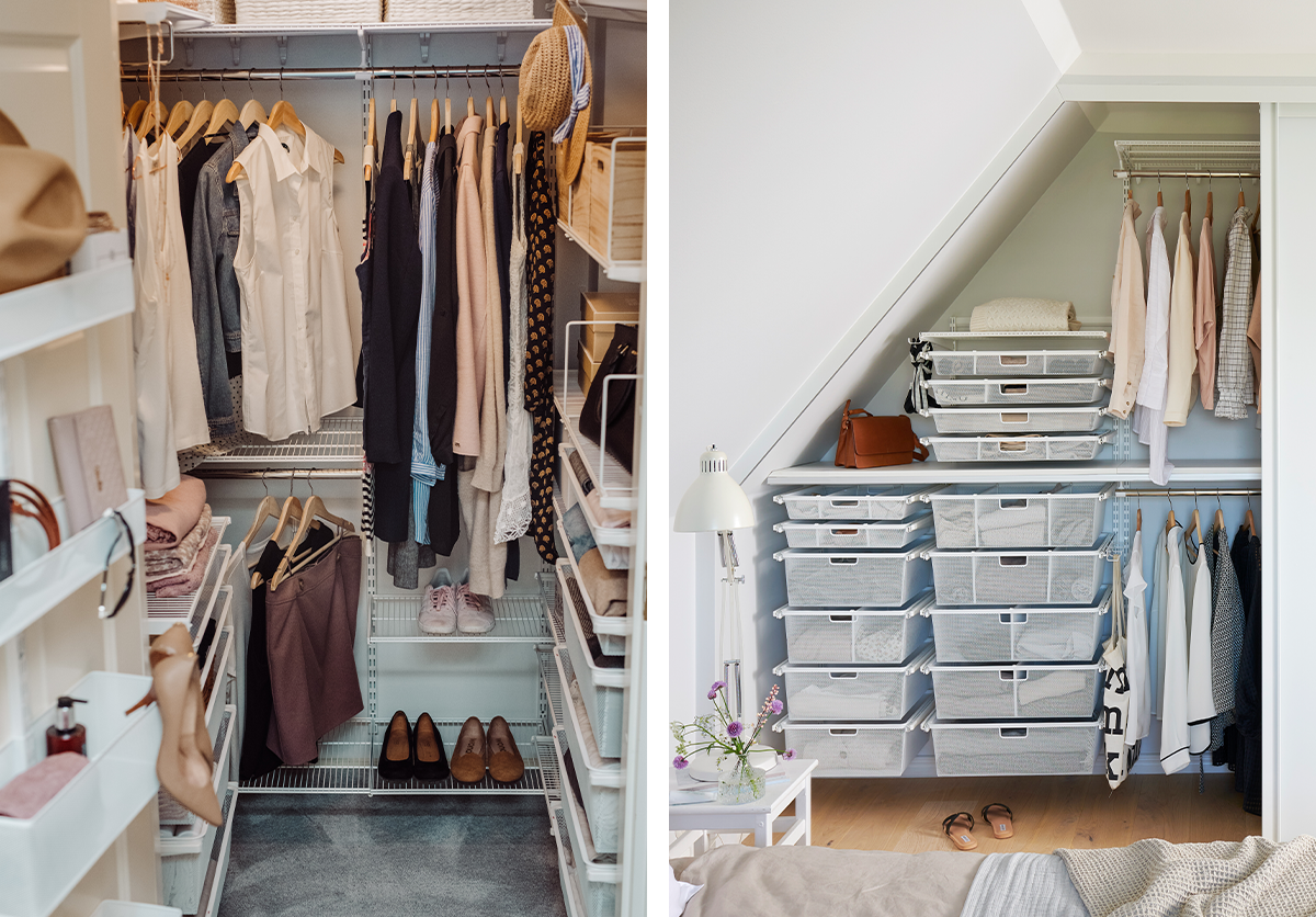 Left: a small white Elfa Classic walk-in custom closet. Right: a white Elfa Classic custom closet nestled into the angle of a slanted ceiling.