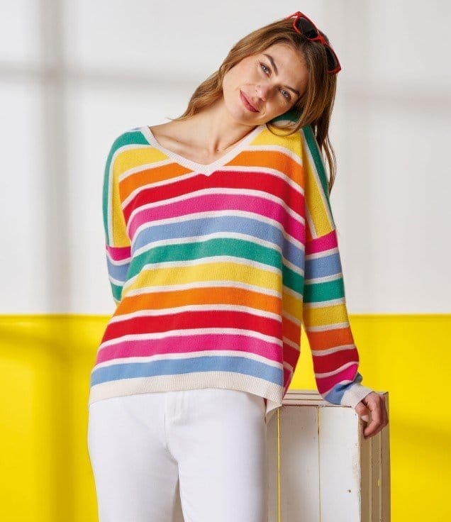 Ladies Multi Stripe V-Neck Cashmere Sweater