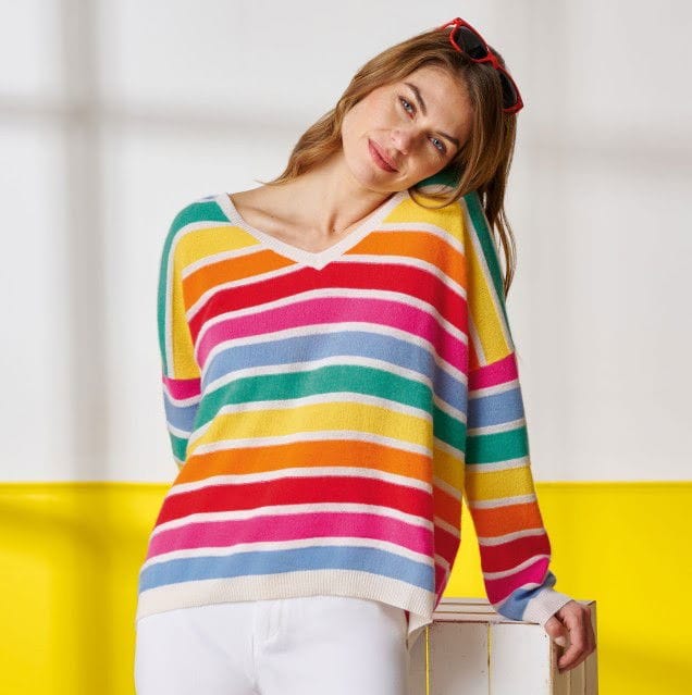 MULTI STRIPE V-NECK CASHMERE SWEATER