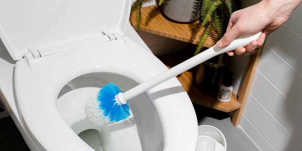A toilet brush hovering over a toilet.