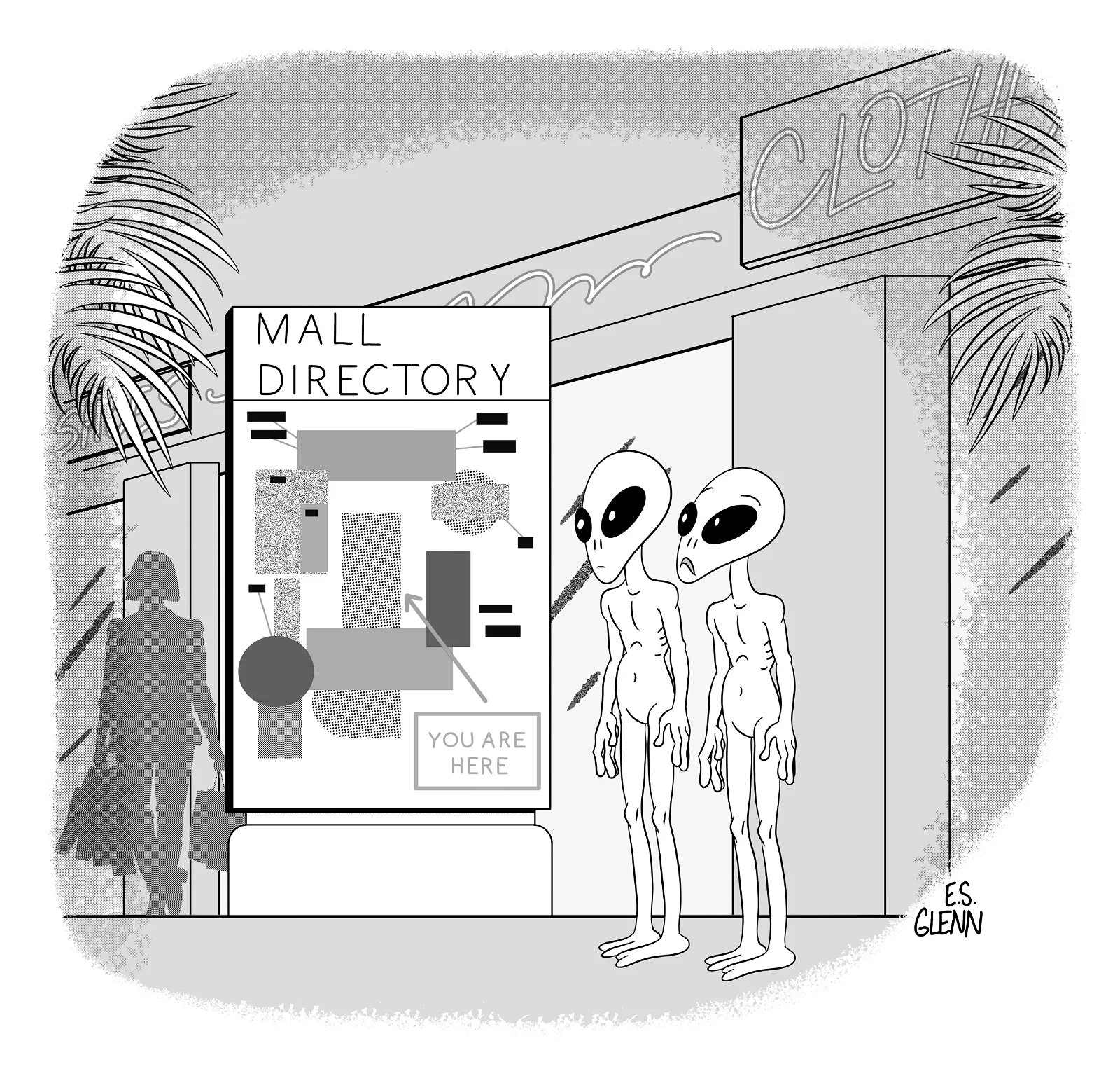 Two aliens look at a mall directory.