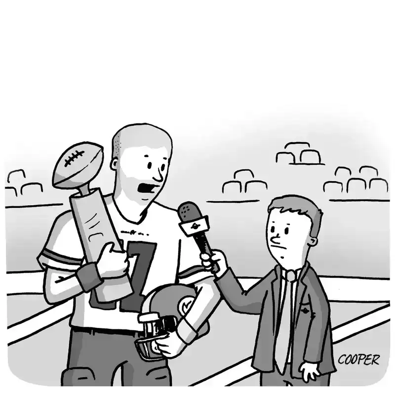 A sideline reporter interviews a football player who is clutching a Super Bowl trophy.