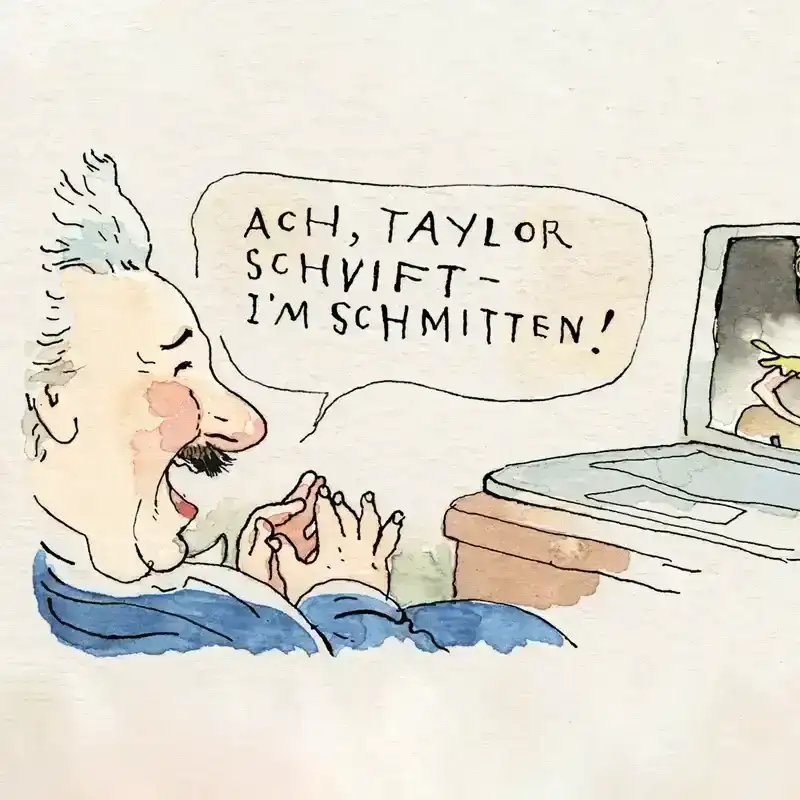 Einstein watching Taylor Swift on a laptop.