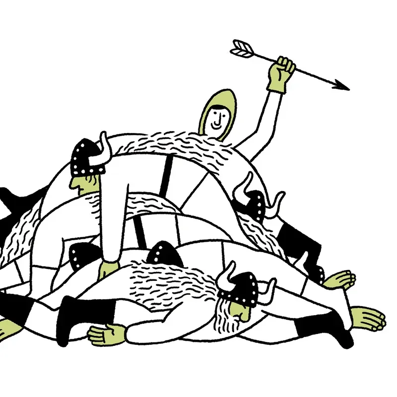 A pile of people, one of which is holding an arrow.