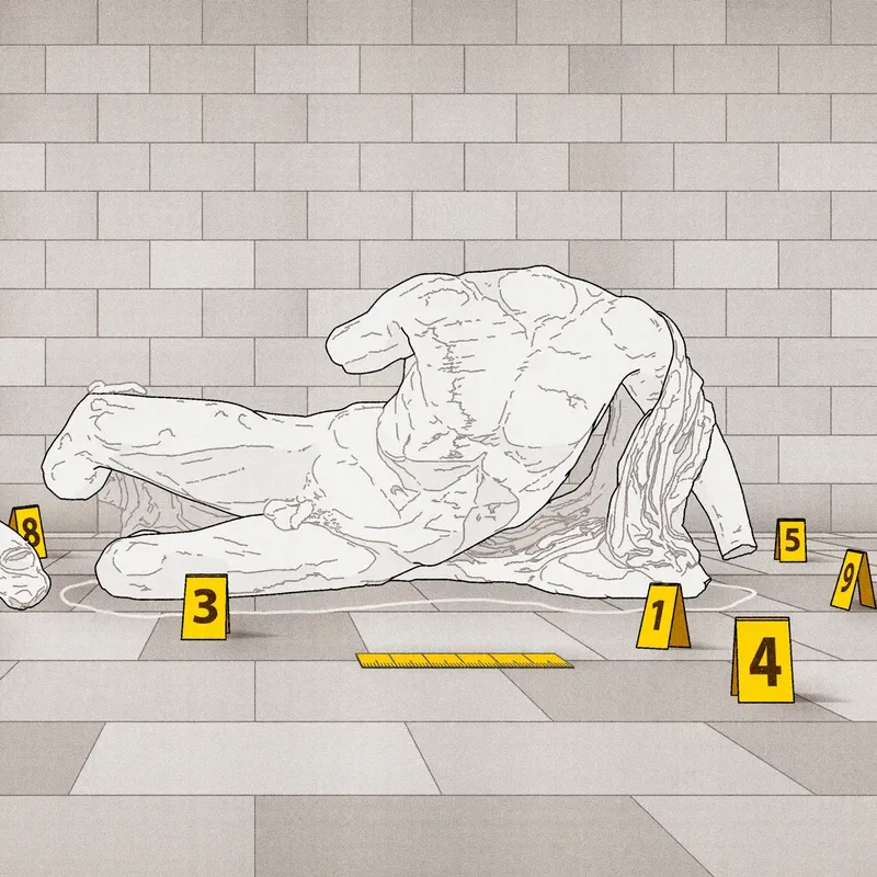 A sculpture with numbered yellow tags scattered on the floor.