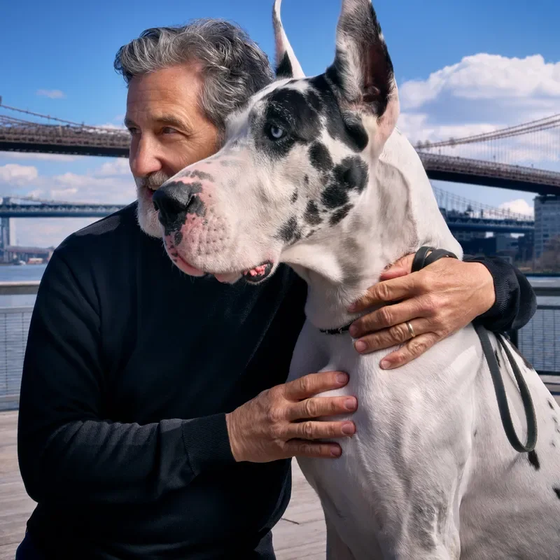 A photograph of Bill Berloni and the Great Dane Bing by Mark Seliger for The New Yorker