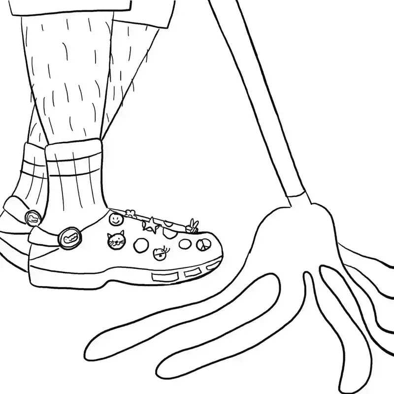 An illustration of feet of a person who is wearing Crocs and holding a mop.