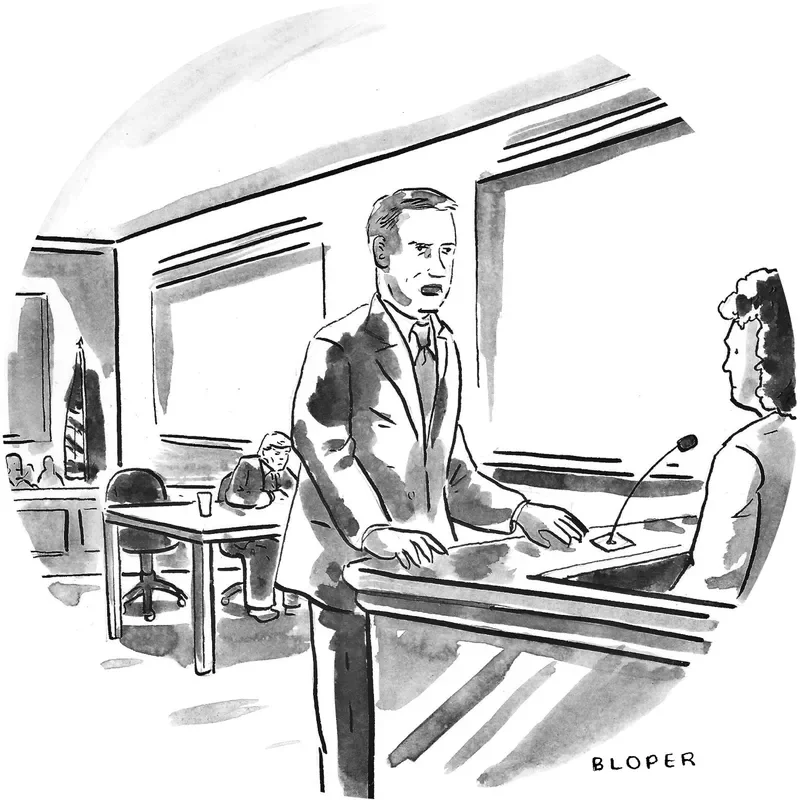 In a courtroom, a man in a suit questions a person sitting behind a witness stand.