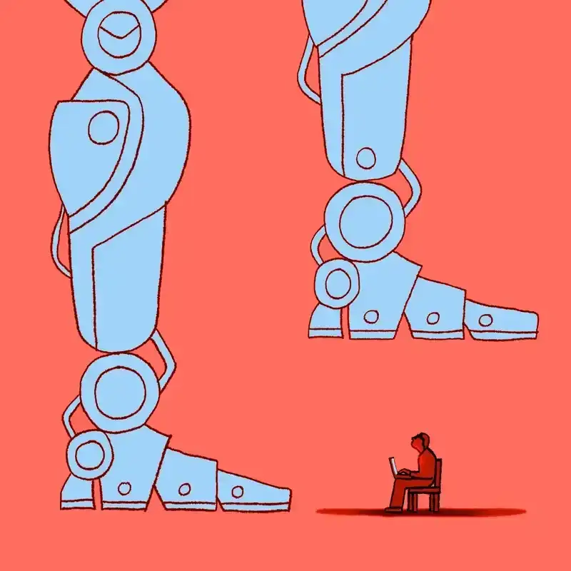 A large robotic foot hovers above a figure.