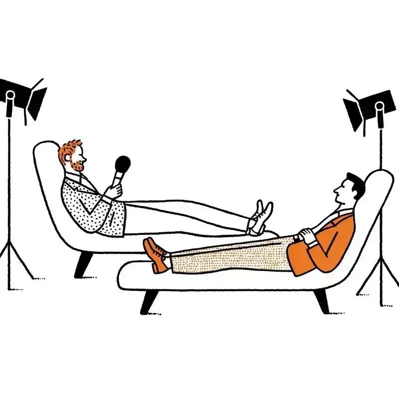 An illustration of two people lying on chairs, with spotlights pointed to each of their faces.